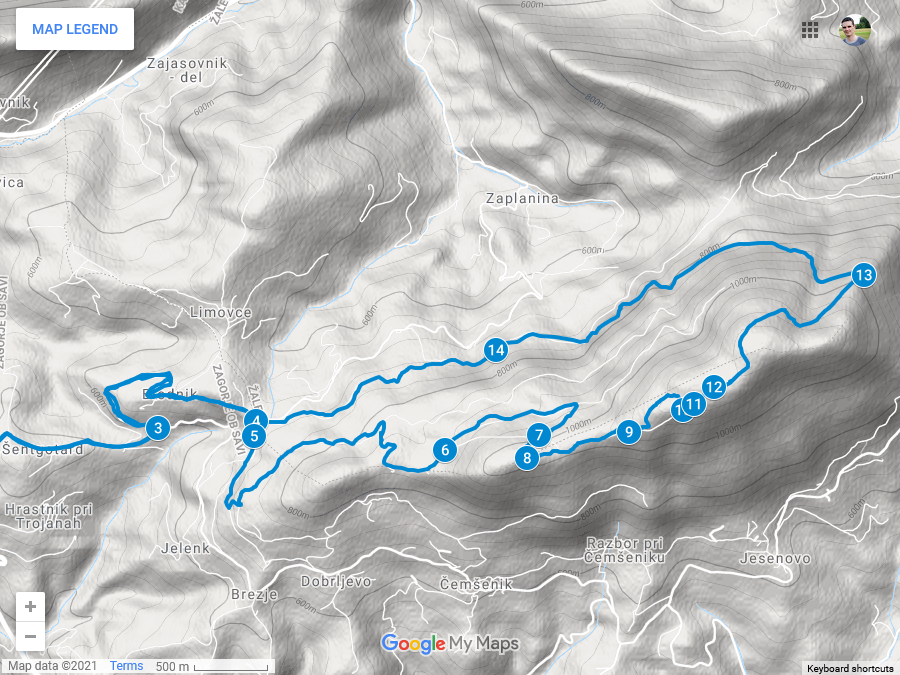 Zemljevid poti iz Trojan na Čemšeniško planino
