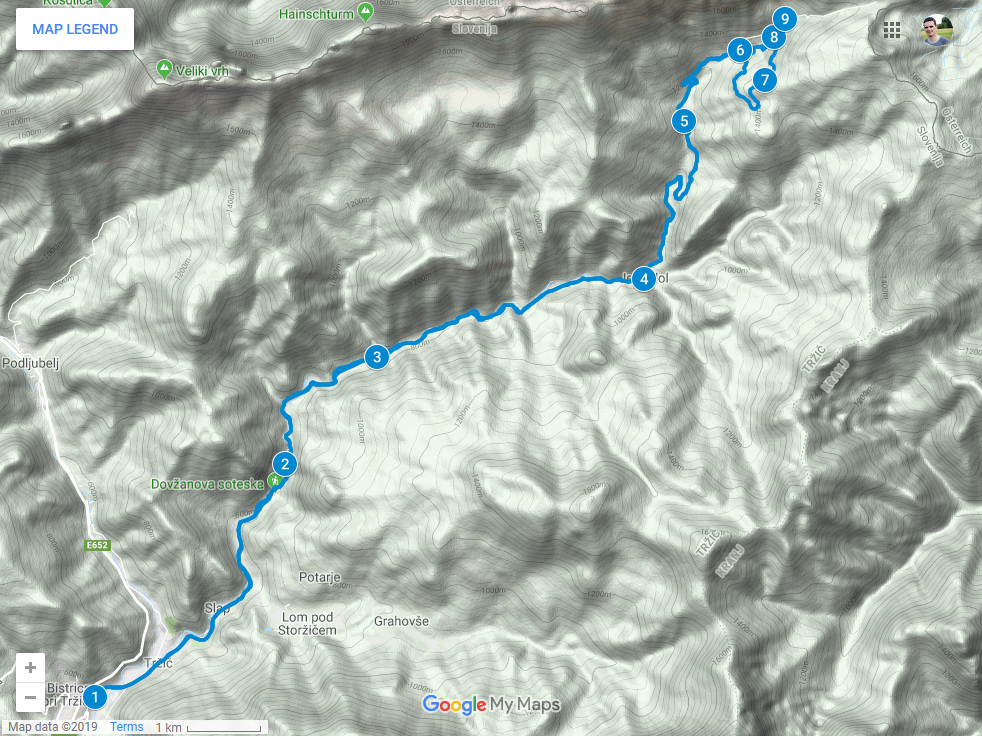 Zemljevid poti od Tržišča do planine Dolga njiva