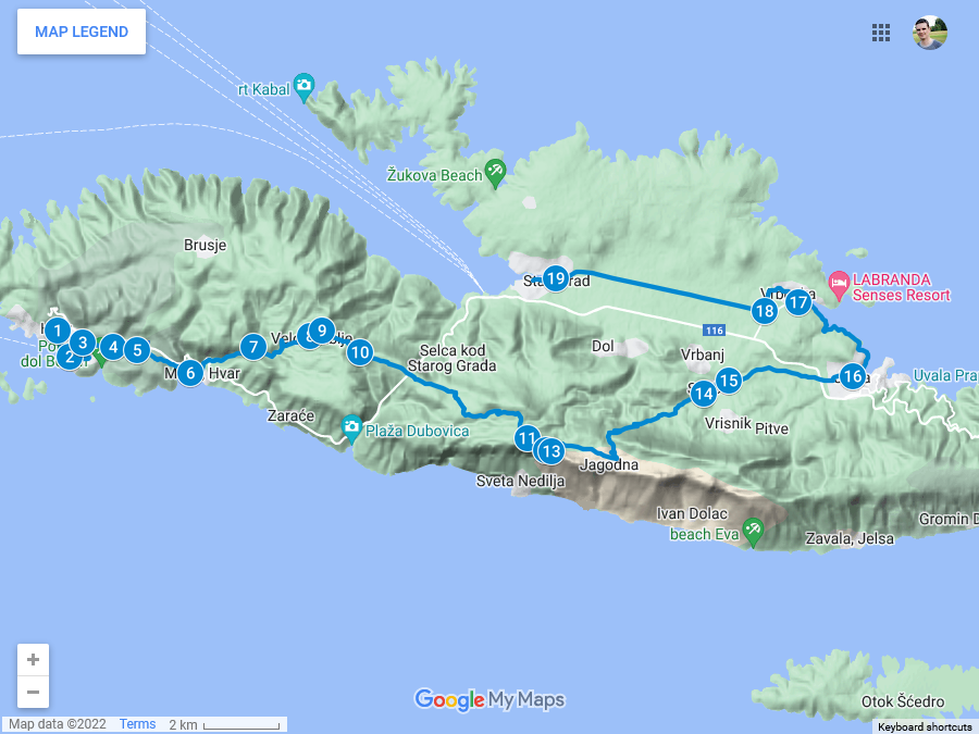 Zemljevid poti po Hvaru