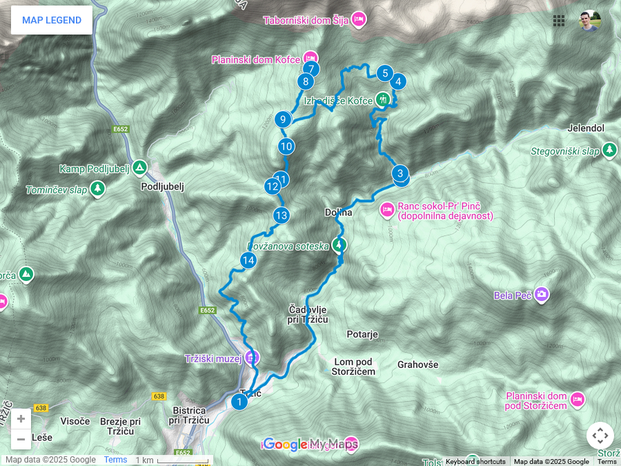 Zemljevid poti Od Tržiča proti planini Šija in vrhu Kofce