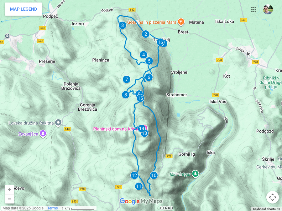 Zemljevid poti iz Tomišlja do Krima