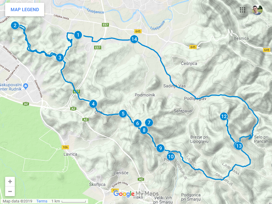 Zemljevid poti na Golovec, Molnik in Pugled