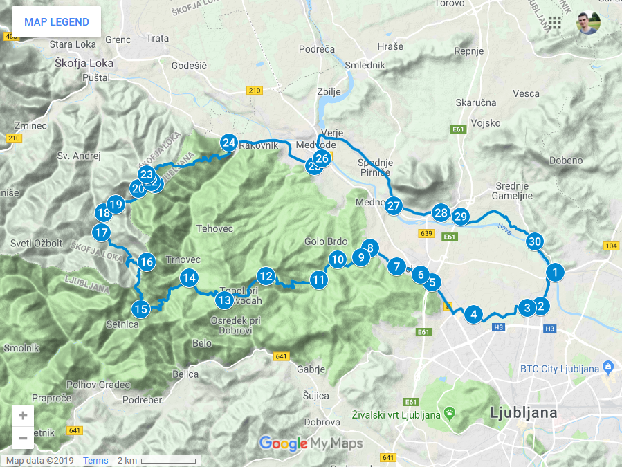 Zemljevid poti od Črnuč preko Katarine do Osolnika