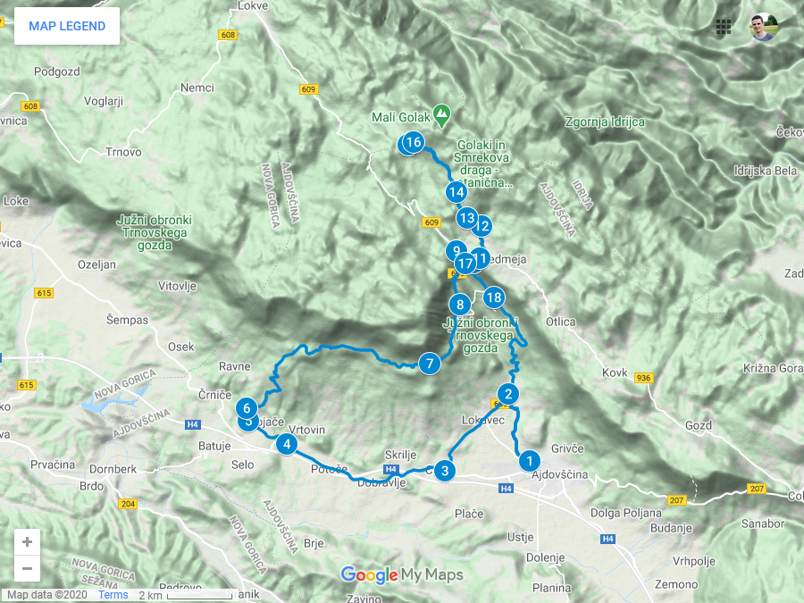 Zemljevid poti Iz Ajdovščine do Predmeje in koče na Golakih