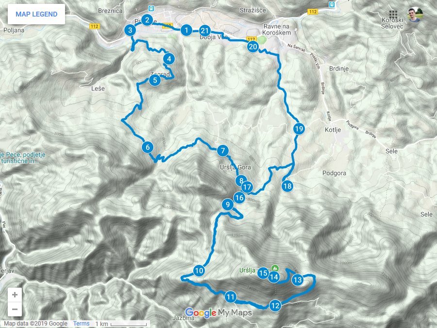 Zemljevid poti od Prevalj do Uršlje gore