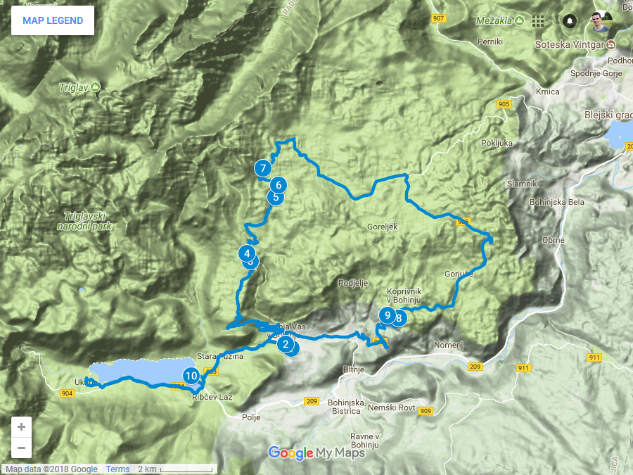Zemljevid poti iz Srednje Vasi do Uskovnice, Pokljuke in Bohinja