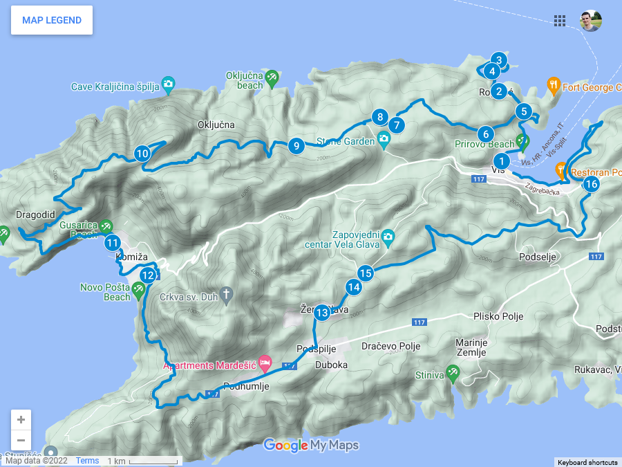 Zemljevid poti po Vis-u